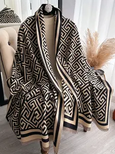 Women's Elegant Geometric Print Fringe Trim Shawl, Thick Woven Fabric, Fitted Style, Fall & Winter Fashion Accessory, Comfortable and Warm