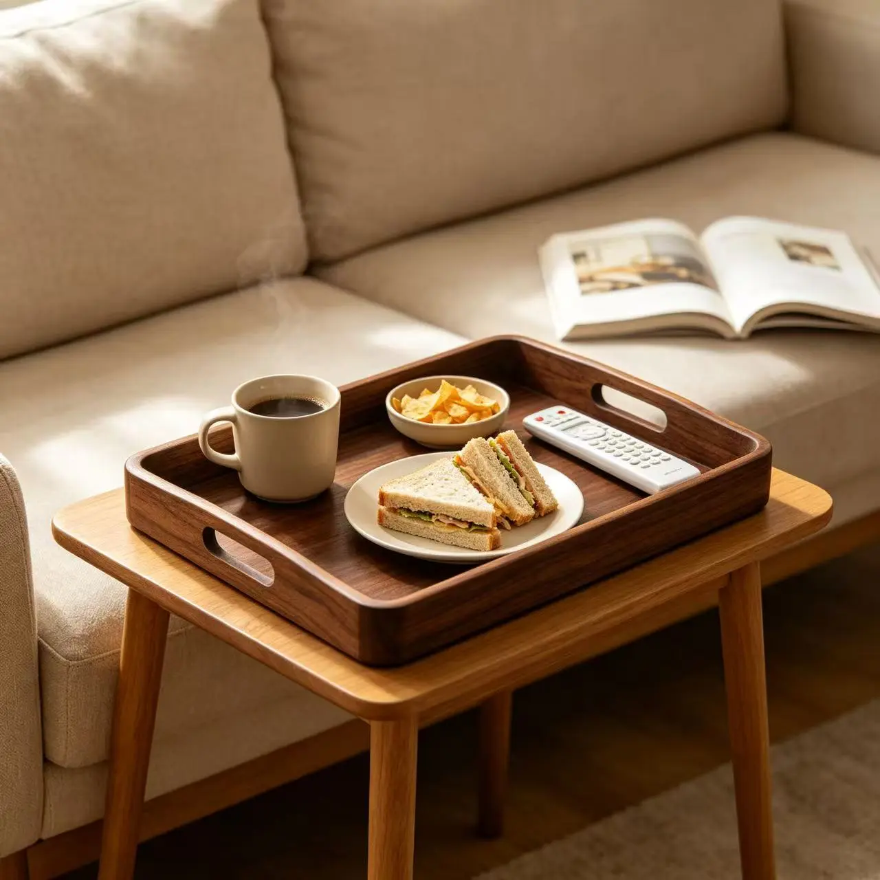 Natural Acacia Wood Serving Tray (17x12.2 in) with Cutout Handles, Rustic Multipurpose Tray for Breakfast, Coffee Table, Home Kitchen Use - Food Platter, Laptop Holder tia raglass