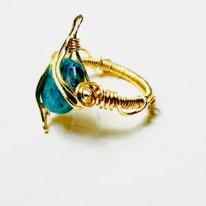 Winnie's Bliss Jewelry Gold Wire Wrapped Picture Jasper Ring with Green Gemstone Accent Unique Design for Adults Natural Stone Handmade Artisan Jewelry