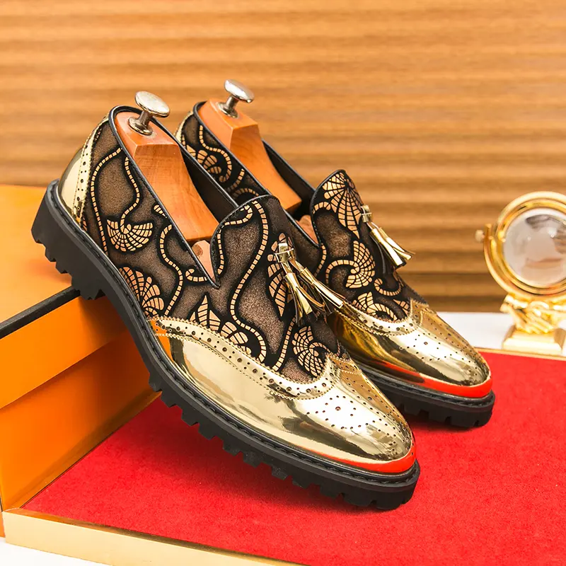Men's Golden Floral Jacquard Tassel Loafers - Round Toe, Chunky Sole Slip-On Men’s Shoes for Party, Smart Casual Events - Jacquard Fabric Dress Shoes