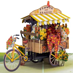 Flower Bike Pop Up Card - Yellow Flower and Plant Display, Wooden Frame with Lids, Ideal for Outdoor Events and Festivals