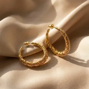18K Gold Textured Hoop Earrings for Women | Elegant Twisted Statement Hoops | Timeless Luxury Jewelry