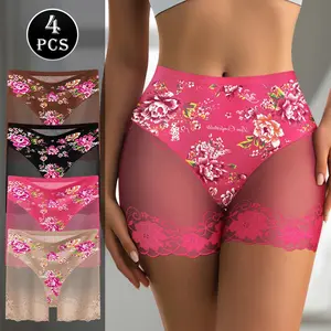QUASTI Women's 4PCS High Waisted Lace Boxer Shorts Panties, Milk Silk Printed Fashionable Soft Briefs, Multi Colored Sexy Lightweight Seamless Safety Shorts, Plus Size 0XL-4XL