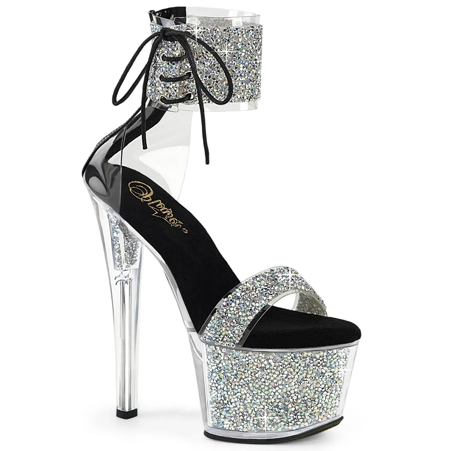 Pleaser Sky-327RSI Women's Classy Silver Rhinestone 7" Stiletto Platform Heels with Ankle Cuff & Side Lacing, Stiletto Platform Heel, Elegant, Sparkle, Zip, 7" (178Mm) Heel
