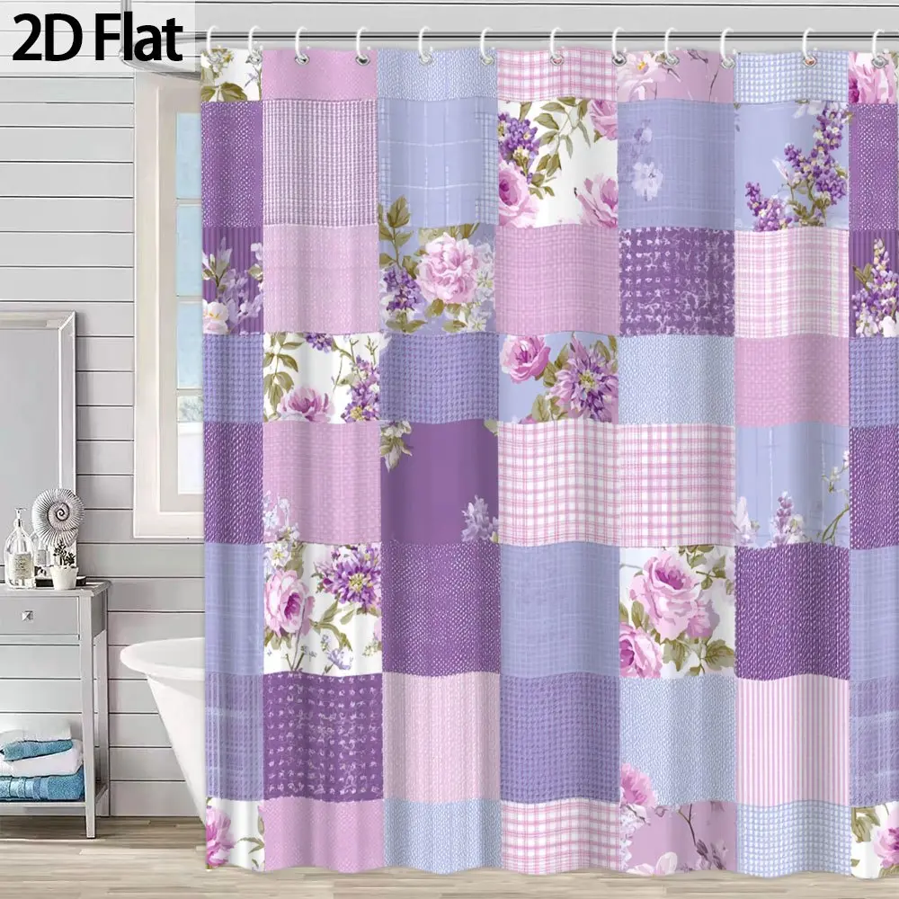 2D Flat 1Pc Patchwork Shower Curtain |   Purple roses and plaid pattern, charming spring-themed bathroom decor, polyester fabric 70.8x 70.8inch, includes 12 hooks, easy to install, machine washable