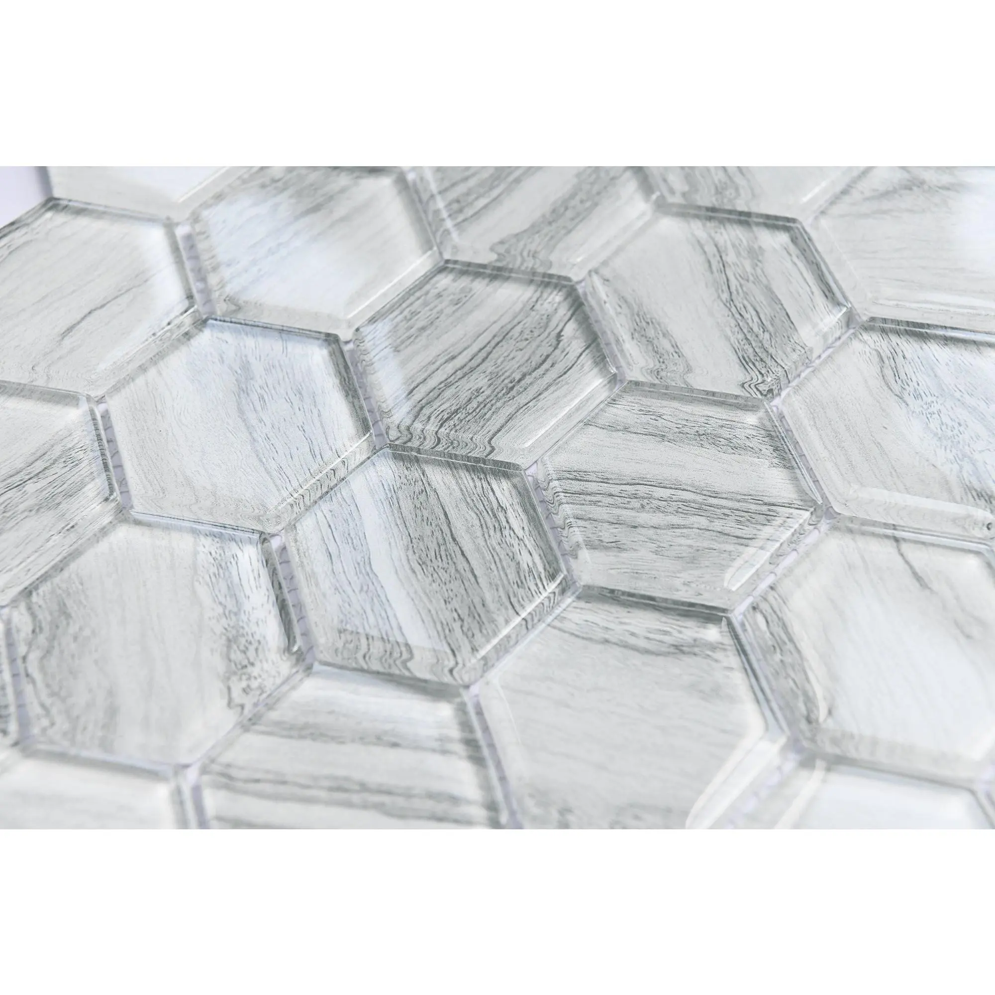 2-Inch Hexagon Glass Mosaic Tile, White Wood Look, Contemporary Design, Geometric Precision, Modern Elegance, Effortless Maintenance, Home Improvement Flooring, Kitchen Backsplash