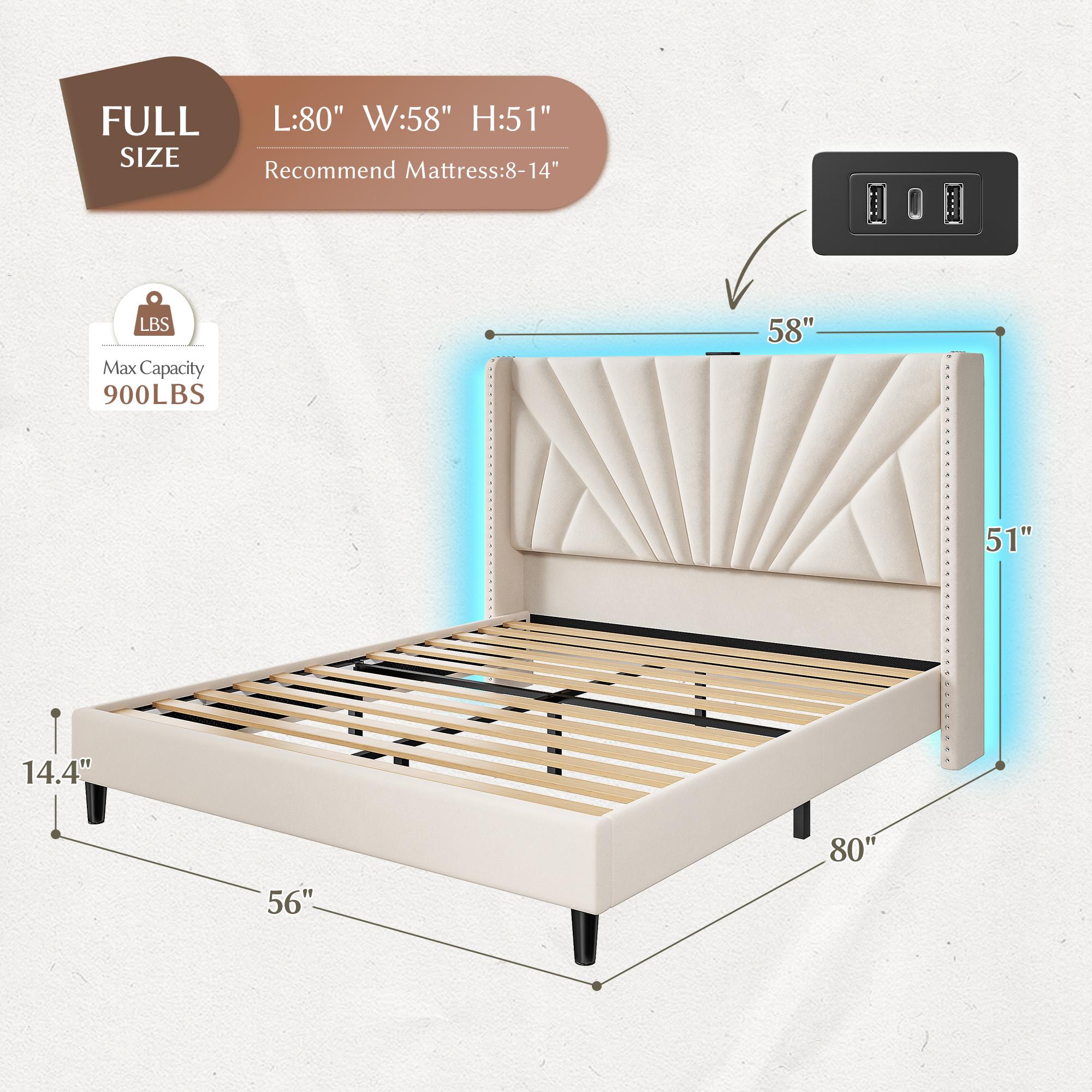 Raybee Furniture Queen Velvet Upholstered Bed Frame with 51" Tall Headboard, NO MATTRESS, Upholstered Bed Frame, King Size with LED Lights and Charging Station, Sturdy Wood Slat, Easy Assembly, No-Noise, Gift for Moving House [Black Friday]