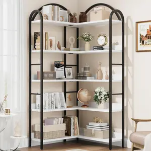 5 Tiers L Shaped Classical Modern Corner Bookshelf Arched Bookcase Industrial Corner Shelf, Large Bookshelf with Metal Frame, Wood and Metal Bookshelves Storage Organizer