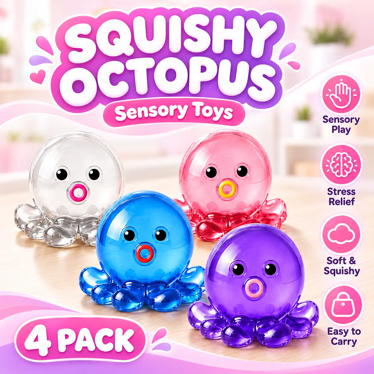 4 Pack Octopus Stress Balls for Adults Kids, Slow Rising Squishy
