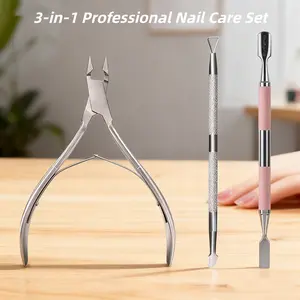 3-in-1 Cuticle Trimmer Set, Stainless Steel Nail Cuticle Cutter Nipper with Dual-End Pusher & Scraper, Professional Manicure Pedicure Nail Remover Tool Kit for Home & Salon Use