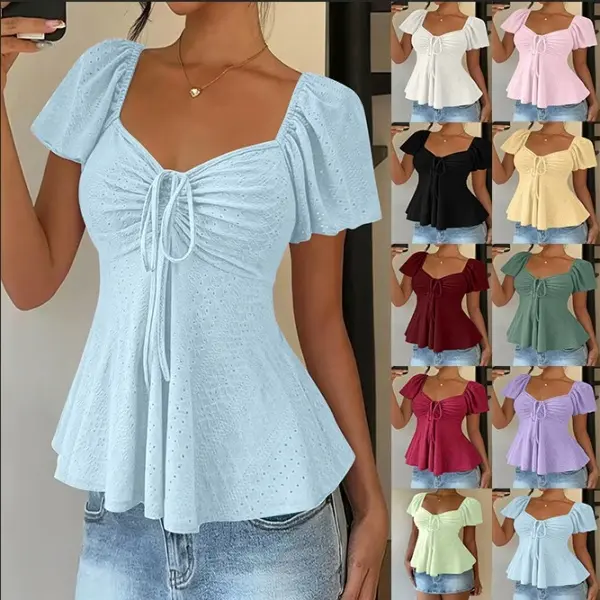 Women's V Neck Drawstring Tie Front T Shirt Solid Color Slim Fit Short Sleeve Summer Casual Top with Adjustable Hem
