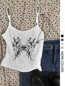 Women's Gothic Wing Print Slim-Fit Crop Top, Sexy Sweet Spicy Casual Sleeveless Spaghetti Strap Design, Fitted Home Wear for All Seasons, Casual Sleeveless Tank