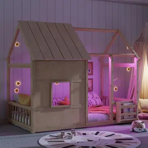 Twin Size House Bed Frame with LED Lights and Bookshelf,Solid Wood Montessori Floor Bed with Fence and Roof for Kids Girls Boys,Natural
