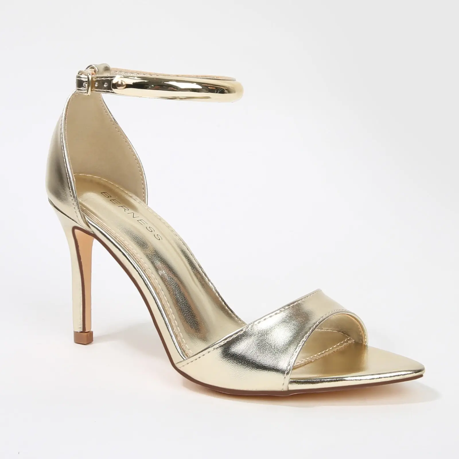 BERNESS Hunter Women's Designer Stiletto Heels, Gold Metallic Square Toe Sandals with 4" Heel, Adjustable Ankle Strap & Memory Foam, Design