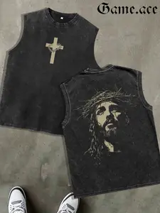 1 PCS GAME.ACE Retro Washed Black Sleeveless Tank Top, Front Thorn Crown Cross Print + Back Jesus Christ Graphic, Christian Streetwear Style, 100% Cotton Unisex Oversized Vest, Casual & Faith Wear, Great Gift for Religious Fans