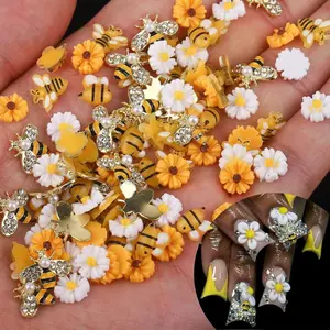 Tiny Bee Nail Art Charms Resin Cartoon Daisy Flower Nail Gems 3D Gold Alloy Bees Jewelry Charms for Nails, Spring Summer Daisy Sunflower Nail Rhinestones for Women DIY Nail Decoration 60Pcs