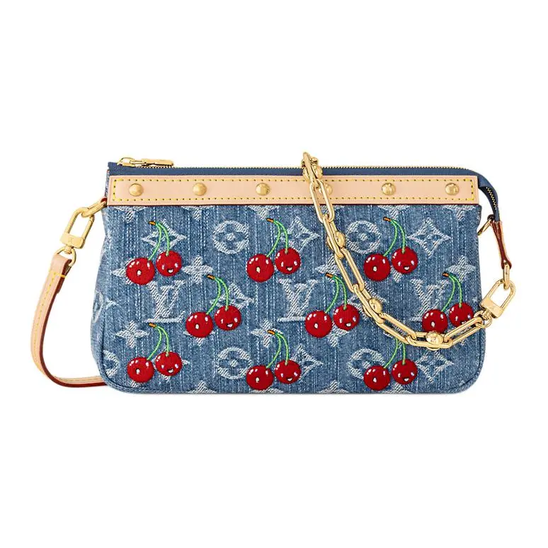 Women's Louis Vuitton x Takashi Murakami Monogram Cherry Blue Denim Pochette Accessoires Handbag, Daily Use Purse, Denim Shoulder Purse