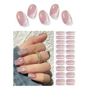 Semi Cured Gel Nail Strips, Nude Cat Eye Gradient 20pcs UV Gel Nails Sticker, Nail Wraps UV for Home Nails DIY