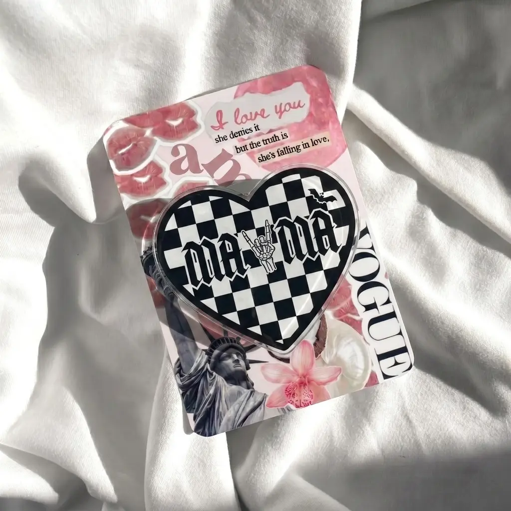 Checkerboard Heart Phone Grip Gothic Font Mama Griptok Rocker Mom Phone Holder Emo Grunge Aesthetic Phone Stand Acrylic Heart Kindle Grip Spooky Mother Gift Phone Accessory