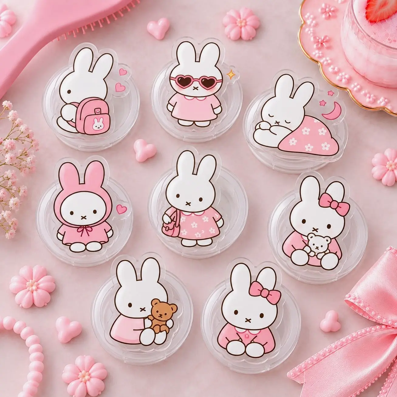 Cute Pink Bunny miffy Phone Grip, Kawaii White Rabbit Acrylic Phone Holder, Soft Girl Aesthetic Phone Stand, Cute Gift for Her, Girls & Teens Trendy Phone Accessory