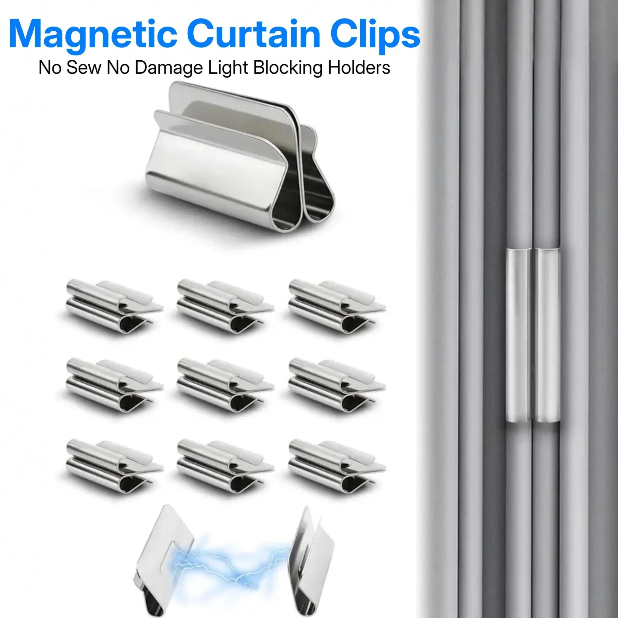 10 Pairs The New Magnetic Curtain Clips | Strong Double-Sided Light Blocking Magnets, No-Pin No Damage Curtain Closure for Blackout Curtains, Shower Liners, Bedroom Office-YY Stainless Steel