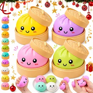 12pcs Colorful Smiley Baozi Stress Relief Toy, Soft Dumpling Pressure Ball, Anxiety Relief, Perfect Party Gift, Classroom Reward, Includes Steamer Basket