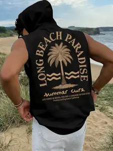 Men's Spring Summer Long Beach Paradise Print Sleeveless Hoodie Vest, Loose Fit, Casual Style, Perfect for Daily Wear, Beach Vacation, Sports Leisure