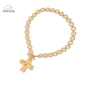 Aethera Hammered Crosses Necklace Fashion Statement Pendant for Women Gold Finish Alloy Jewelry 45cm Chain OT Clasp Easy Wear