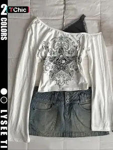 Y2K star printed one shoulder Faux two-piece patchwork suspender for slimming autumn long sleeved women's top