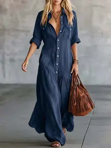 2026 Long Dress with Shirt Collar and Button Design, Fashionable Patchwork Pocket Detail, European and American Style Cross-Border Export