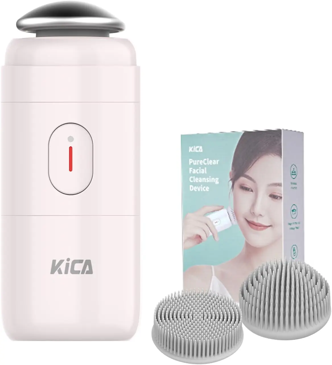 KiCA PureClear Deep Clean Facial Cleansing Device - Double-Ended Flat Soft Silicone Brush Heads, 1-Button Control, Waterproof Rechargeable Battery Electric Cleanser, Wireless Charging, Travel-Friendly ABS Clogged Pores Solution (Blush Pink), Daily, Gentle