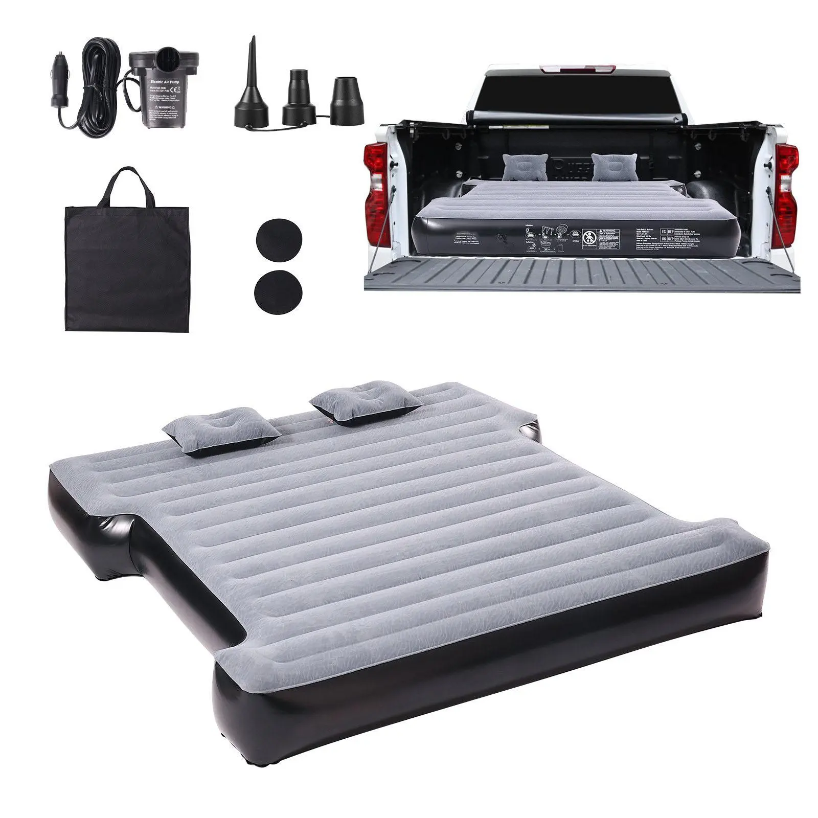 Full Size Short Truck Bed Inflatable Mattress, Waterproof Leak-Proof Flocking PVC Camping Air Bed, 600LBS Load Capacity Fast Inflatable Mattress with 12V Car Pump & Portable Storage Bag, Universal Fit for Most Short-Bed Pickup Trucks