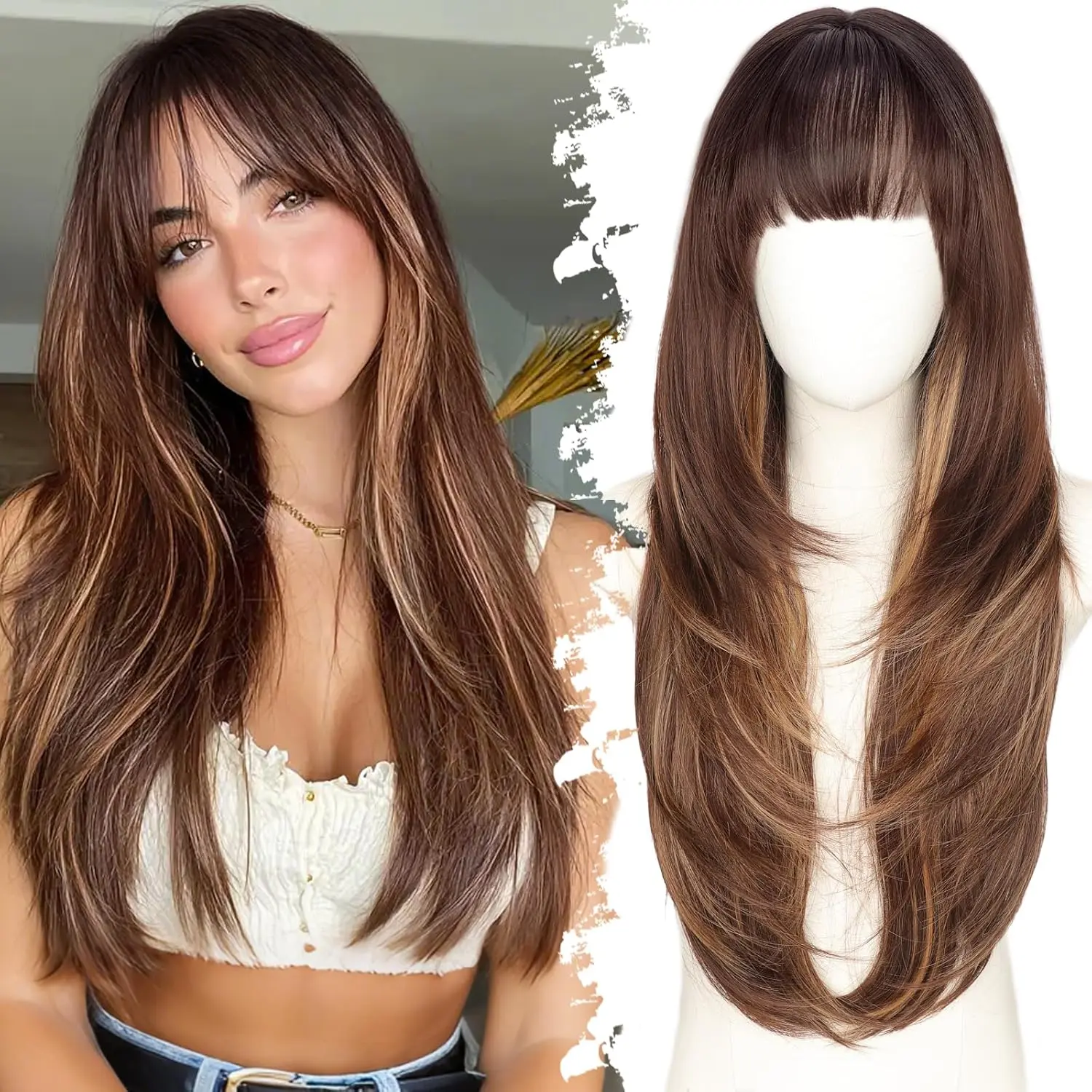 Women's 26-inch Dark Brown Synthetic Full Machine Wigs with Bangs, 4x4 Realistic Scalp, Free Parting, Layered Heat-Resistant Wig for Daily, Party Use