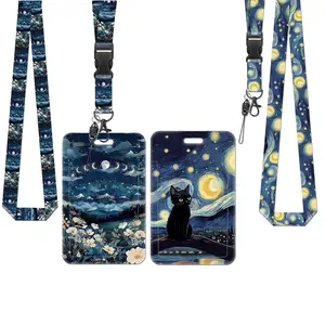 Night Sky Cat ID Lanyard Set, Detachable Office Badge Holder, Vertical Name Card Protector for Teachers Nurses Social Workers Volunteers