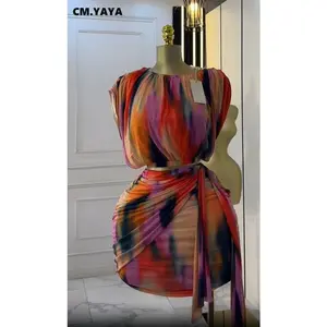 Tie Dye Printed Women's Set Ruched Short Sleeve T-Shirt Tops and Stacked Mini Skirts Clothes Fabric