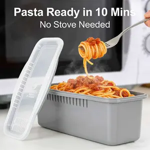 Microwave Pasta Cooker with Strainer Lid  Quick Spaghetti Steamer Boat - Food Grade Material & Heat Resistant - Dorm Room Essentials & Office Lunch Gadgets