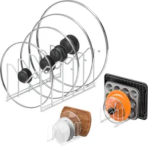 3 Pack Pot Lid Organizer for Cabinet, Stainless Steel Pot Lid Rack with Anti-slip Pad, Lid Holder for Pans Pots, Bakeware, Plates, Cookie Sheets, Trays, Dish,  Boards, White