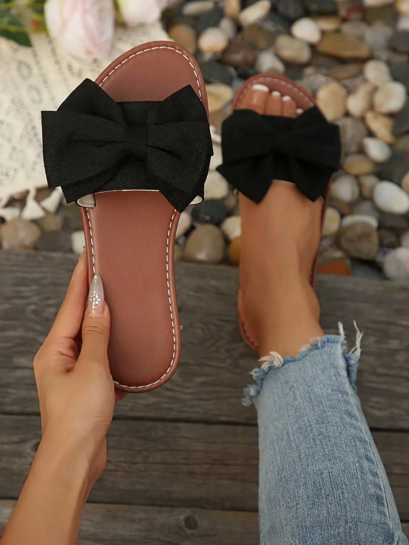 French Elegant Women's Round-Toe Slip-On Shoes with Bow, Casual Summer Party and Beach Flat Sandals Bow Decor Sandals, Fashionable Casual Sandals