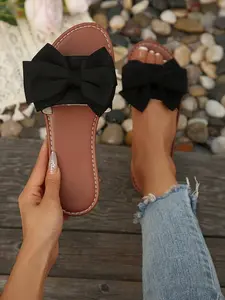 French Elegant Party Fashion Vacation Sexy Polyester Bow Women's Round Toe Slip-On Shoes, Casual Summer Beach Party Sandals Summer Footwear