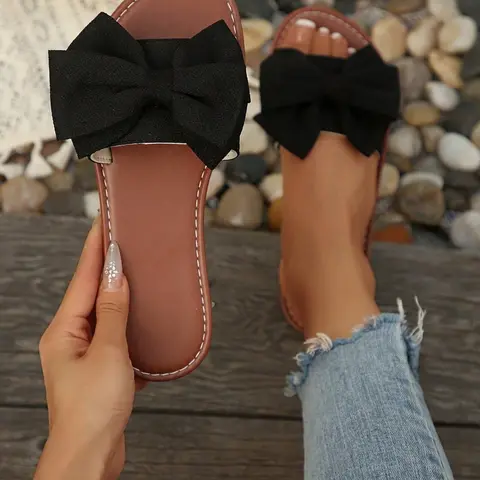 French Elegant Women's Round-Toe Slip-On Shoes with Bow, Casual Summer Party and Beach Flat Sandals Bow Decor Sandals, Fashionable Casual Sandals