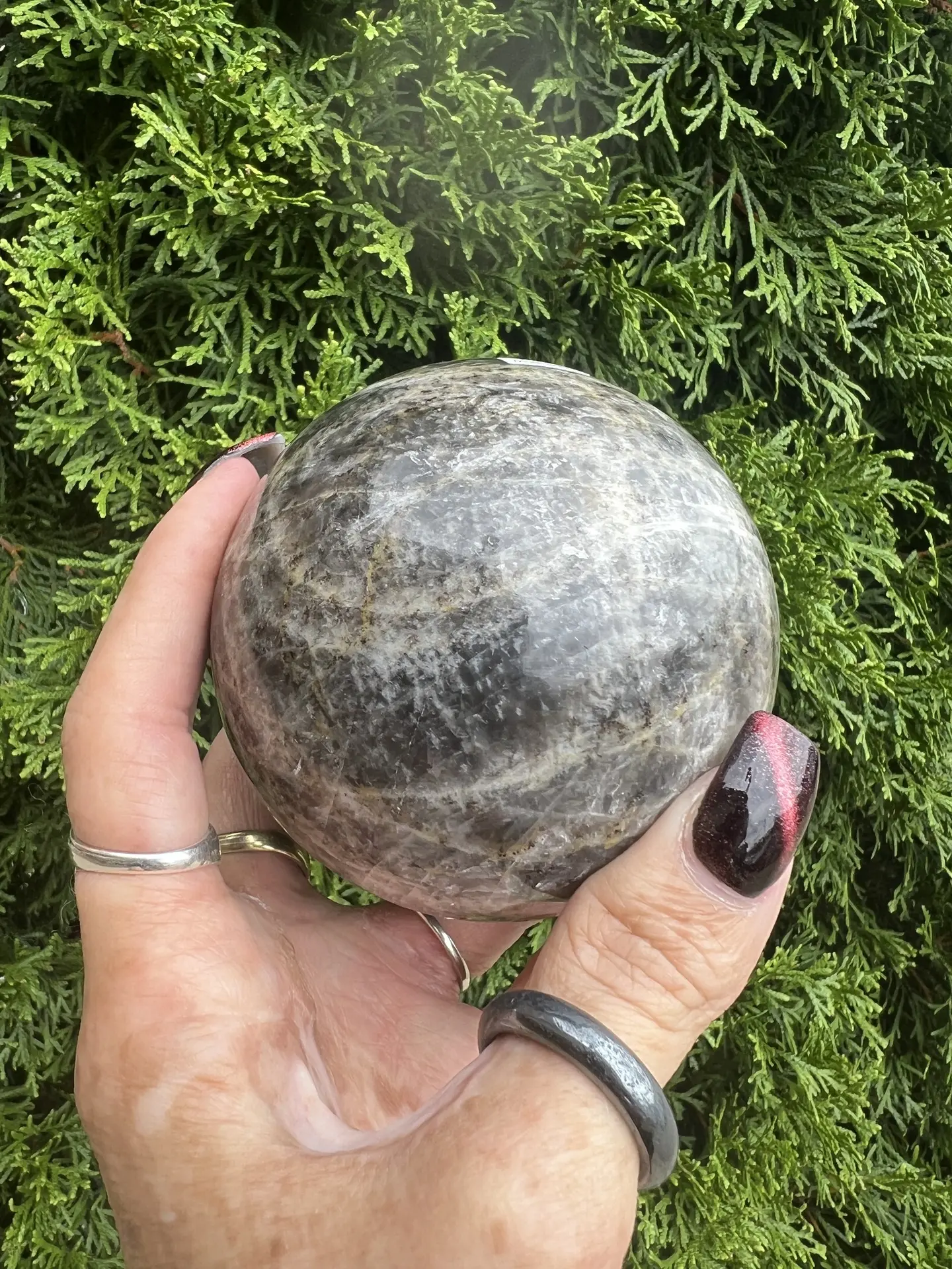 Black Moonstone Sphere, 85mm, Grounding Protective Crystal for Rituals, Anchor Energy & Chakra Balancing