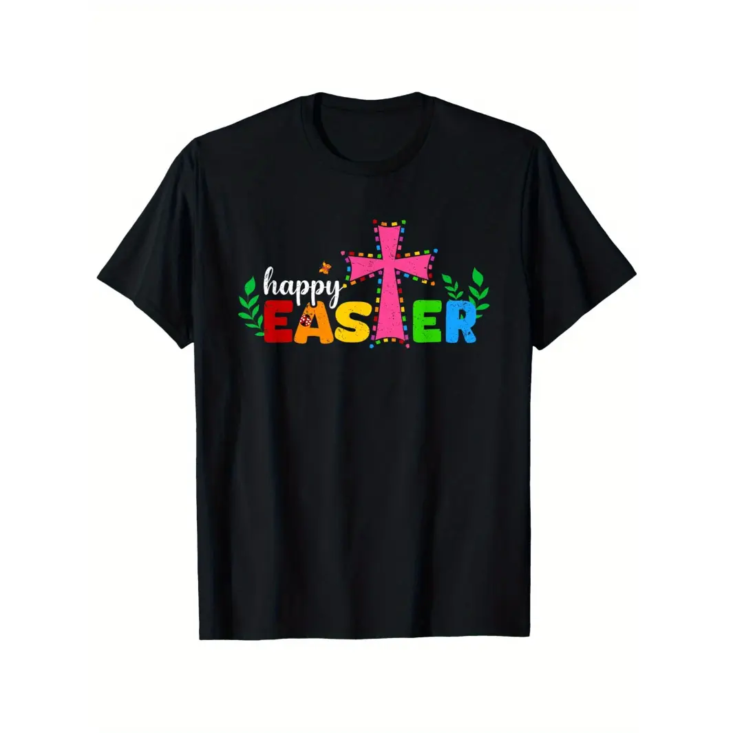 Womens Easter Graphic Tee Short Sleeve Cotton Crewneck Shirt Happy Easter Cross Print Cute Colorful Spring Outfit Top For Church Family Photos And Brunch