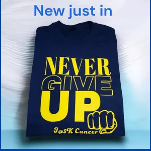 New Just in Never Give Up J@S Cancer T-Shirt Navy Blue with Yellow Text and Fist Graphic