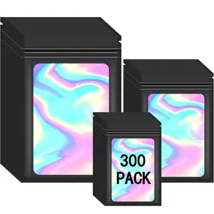 Pack of 300 Holographic Bags Mylar Ziplock Bags Mylar Edibles Pouch with Window Reusable Mylar Bag for Sample Packaging (Black, 3x4.7 Inch / 4x6 Inch / 4.7x7.8 Inch)