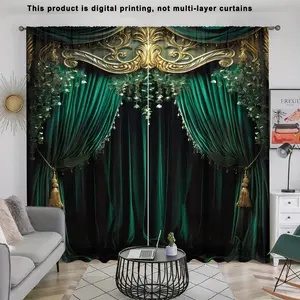 3D European Luxury Retro Green Tassel Decor Heavy Curtain, 2 Counts Digital Printed Curtain, Window Curtain for Home Living Room Bedroom Decor