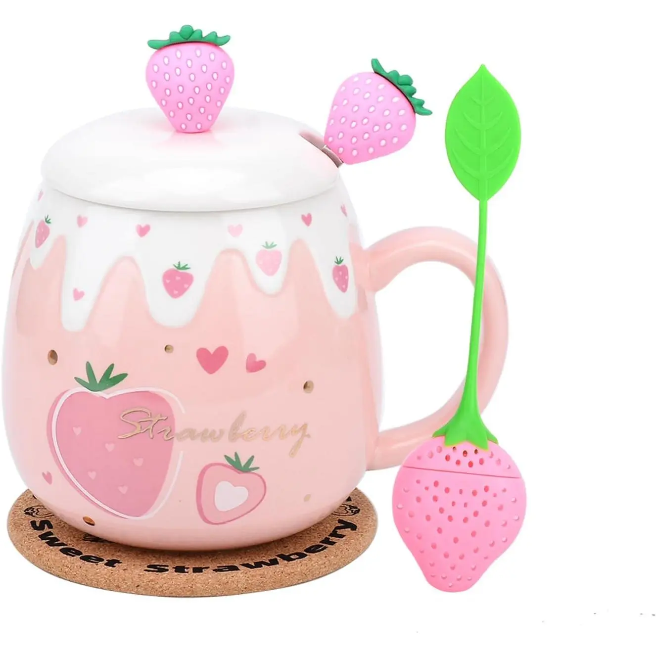 450ML Blush Pink Kawaii Strawberry Ceramic Mug Set - Reusable Korean-Style Coffee Mug with Cover, Spoon, Strainer, Washable Kitchenware Drinkware, Women's Gift, Coffee Mug Set, Funny Ceramic Mug