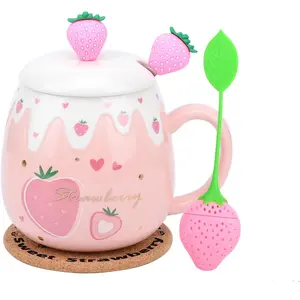 Pink Mug, Cute Strawberry Cup with Cover Spoon, Ceramic Cute Coffee Mugs with strainer, Kawaii Cup for Tea Milk, Gift for Women Girls Student Korean Style 450ML Christmas Birthday Drinkware Tumbler Reusable Washable Reuse