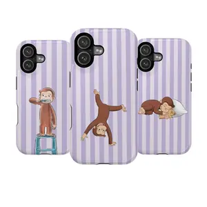 Pastel Purple Striped Curious George Phone Case – Adorable Cartoon Monkey Brushing Teeth, Playing, and Sleeping,  Protective Phone Cover for Curious George Fans| Cover for IPhone 17 16 15 14 13 12 11 Max Pro Samsung galaxy 22 23 24 25 26