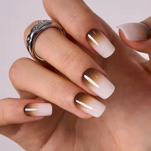Mocha Veil Press On Nails | CurvLife Nail | 24pcs Medium Square Fake Nails | Glossy Finish with Smooth Mocha-White Gradient for a Refined Look | Easy to Apply, Comfortable & Long-Lasting | Great for Coffee Dates, Gallery Visits & Casual Workdays