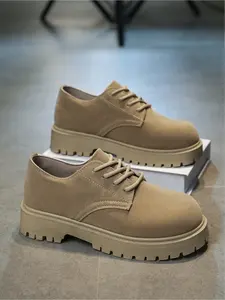 Men's Suede Chunky Platform Shoes, Khaki/Black Casual Lace-up Oxford Shoes, Non-slip Height Increasing Lug Sole Work Shoes for Men, Walking Shoes